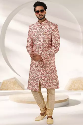 cream printed art banarasi fabric sherwani for men