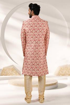 cream printed art banarasi fabric sherwani for men 4