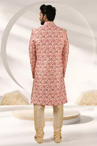 cream printed art banarasi fabric sherwani for men