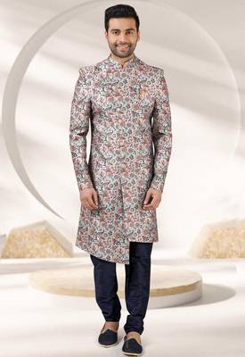grey printed art banarasi fabric sherwani for men 1