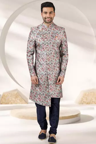 Grey printed art banarasi fabric sherwani for men