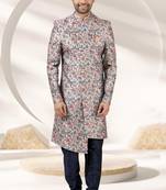 grey printed art banarasi fabric sherwani for men