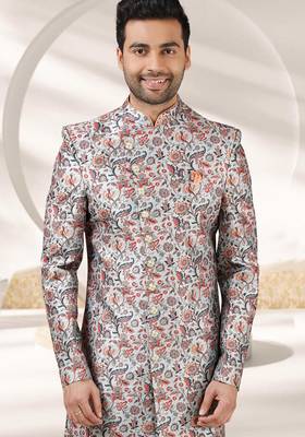 grey printed art banarasi fabric sherwani for men 2