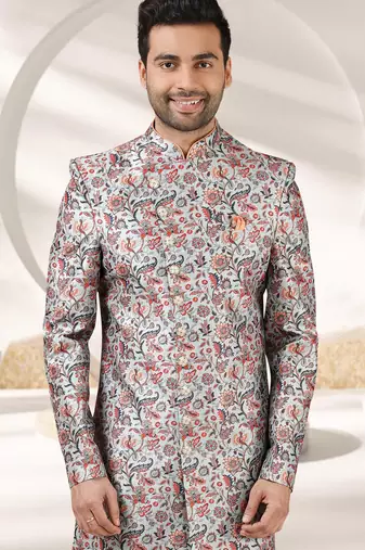grey printed art banarasi fabric sherwani for men