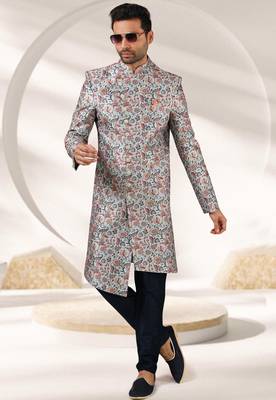 grey printed art banarasi fabric sherwani for men 3