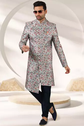 grey printed art banarasi fabric sherwani for men