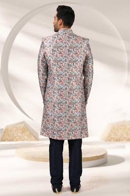 grey printed art banarasi fabric sherwani for men 4