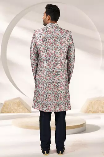 grey printed art banarasi fabric sherwani for men