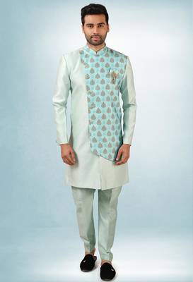 blue plain & priinted art silk sherwani for men 1