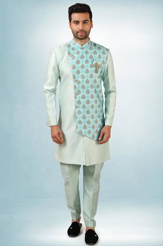 blue plain & priinted art silk sherwani for men