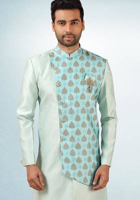 blue plain & priinted art silk sherwani for men 2