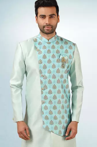 blue plain & priinted art silk sherwani for men