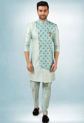 blue plain & priinted art silk sherwani for men 3