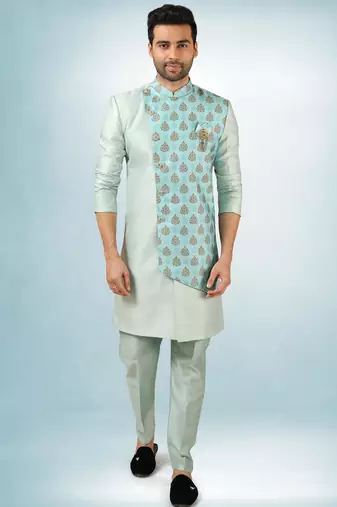 blue plain & priinted art silk sherwani for men