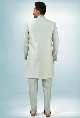 blue plain & priinted art silk sherwani for men 4