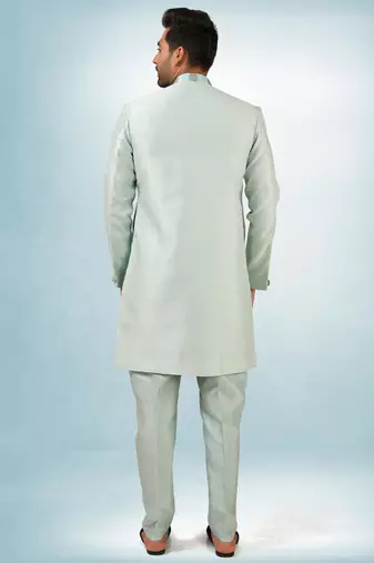 blue plain & priinted art silk sherwani for men