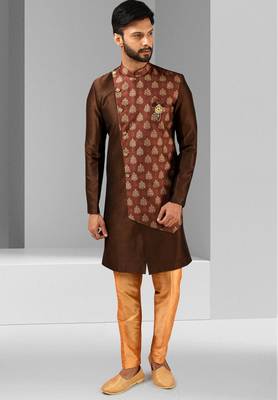 brown plain & priinted art silk sherwani for men 1