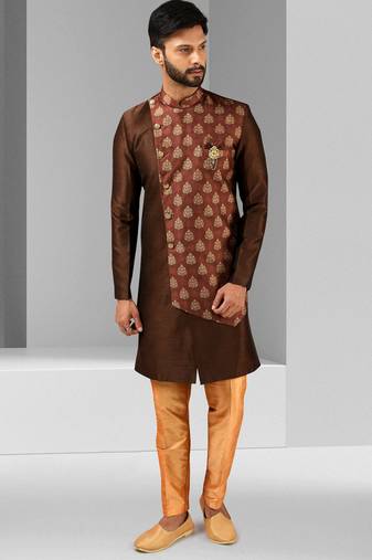 Brown plain & priinted art silk indo western for men