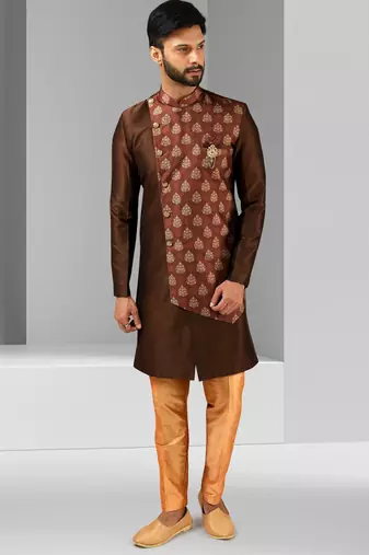 Brown plain & priinted art silk indo western for men