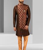 Brown plain & priinted art silk indo western for men