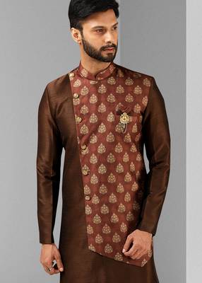 brown plain & priinted art silk sherwani for men 2