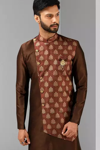 brown plain & priinted art silk sherwani for men