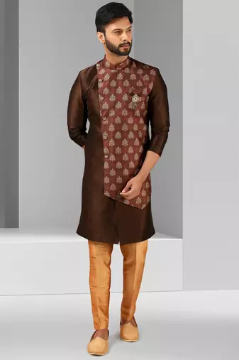 brown plain & priinted art silk sherwani for men