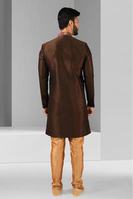 brown plain & priinted art silk sherwani for men 4