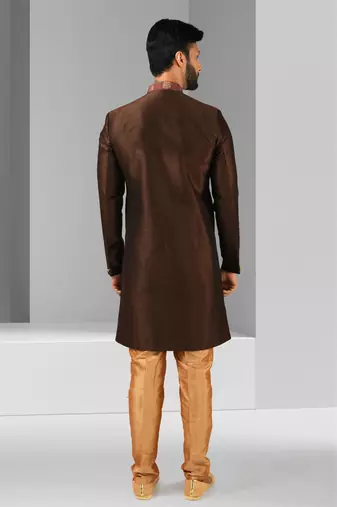 brown plain & priinted art silk sherwani for men