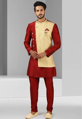 maroon plain & priinted art silk sherwani for men 1