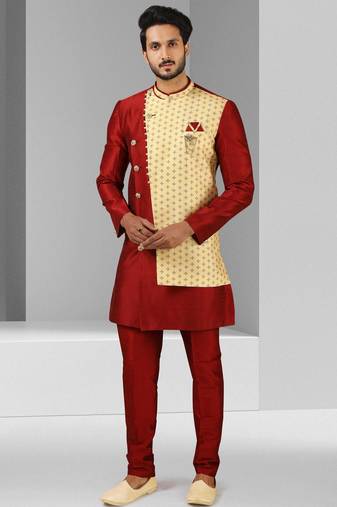 Maroon plain & priinted art silk indo western for men