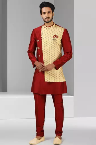 Maroon plain & priinted art silk indo western for men