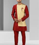 Maroon plain & priinted art silk indo western for men