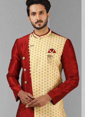 maroon plain & priinted art silk sherwani for men 2