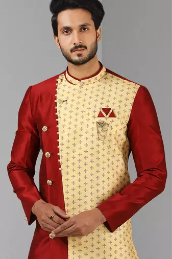 maroon plain & priinted art silk sherwani for men