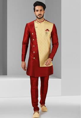 maroon plain & priinted art silk sherwani for men 3