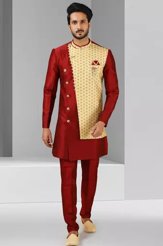 maroon plain & priinted art silk sherwani for men