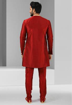 maroon plain & priinted art silk sherwani for men 4