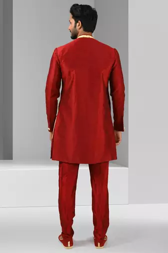 maroon plain & priinted art silk sherwani for men