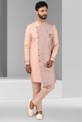 pink plain & priinted art silk sherwani for men 1