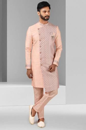 Pink plain & priinted art silk indo western for men