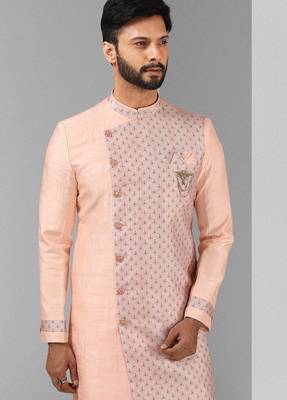 pink plain & priinted art silk sherwani for men 2