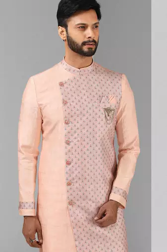 pink plain & priinted art silk sherwani for men