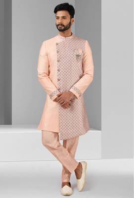 pink plain & priinted art silk sherwani for men 3