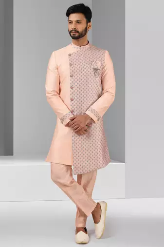 pink plain & priinted art silk sherwani for men