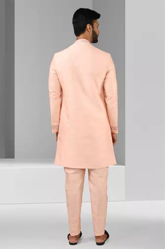 pink plain & priinted art silk sherwani for men