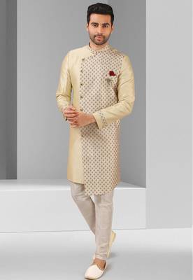 cream plain & priinted art silk sherwani for men 1