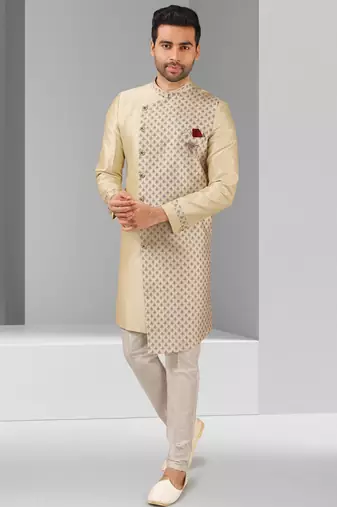 Cream plain & priinted art silk indo western for men