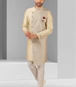 Cream plain & priinted art silk indo western for men