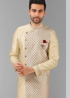cream plain & priinted art silk sherwani for men 2